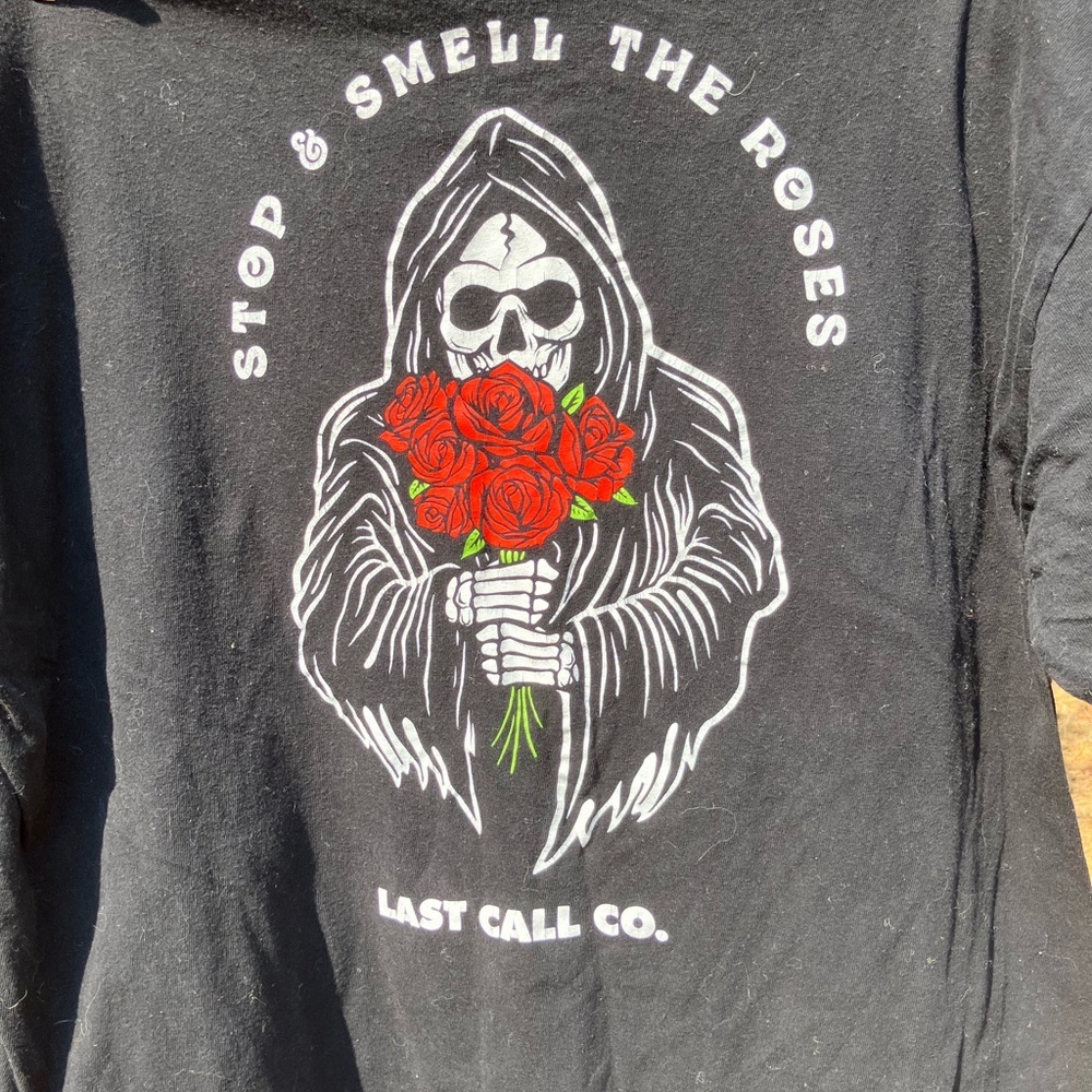 Last Call Co men’s cotton t shirt XL black with grim reaper and roses